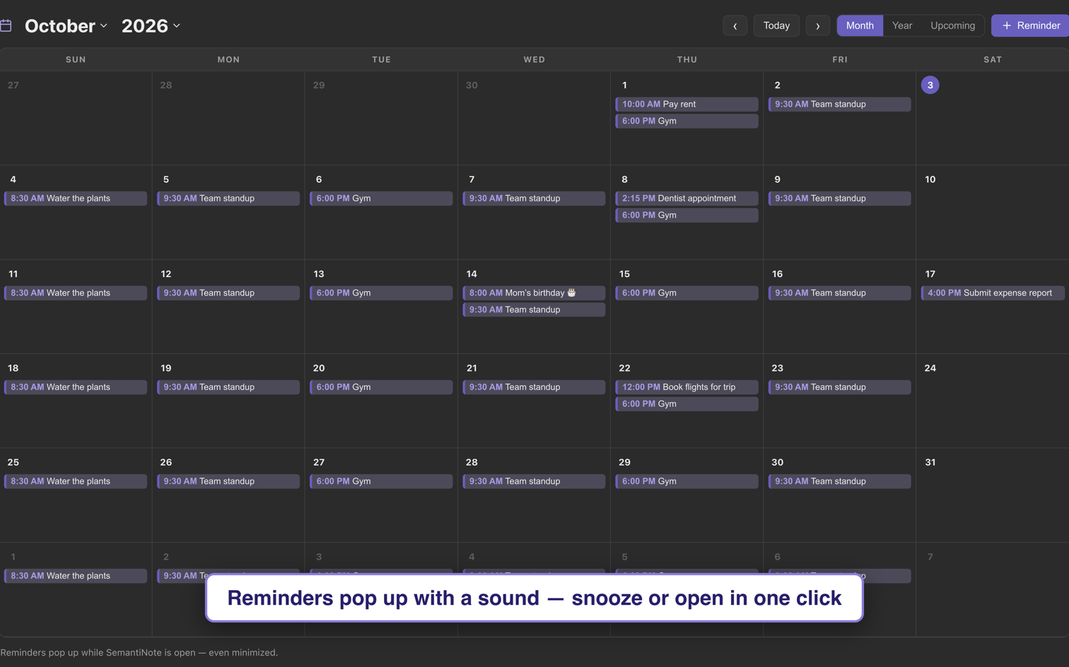 SemantiNote calendar with reminders