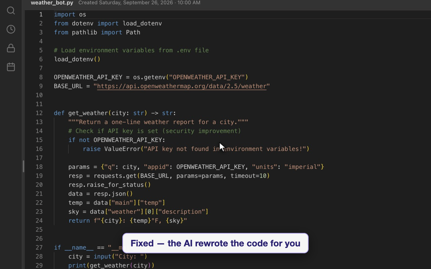 SemantiNote's AI finding a hard-coded API key in Python code, then rewriting the code to fix it