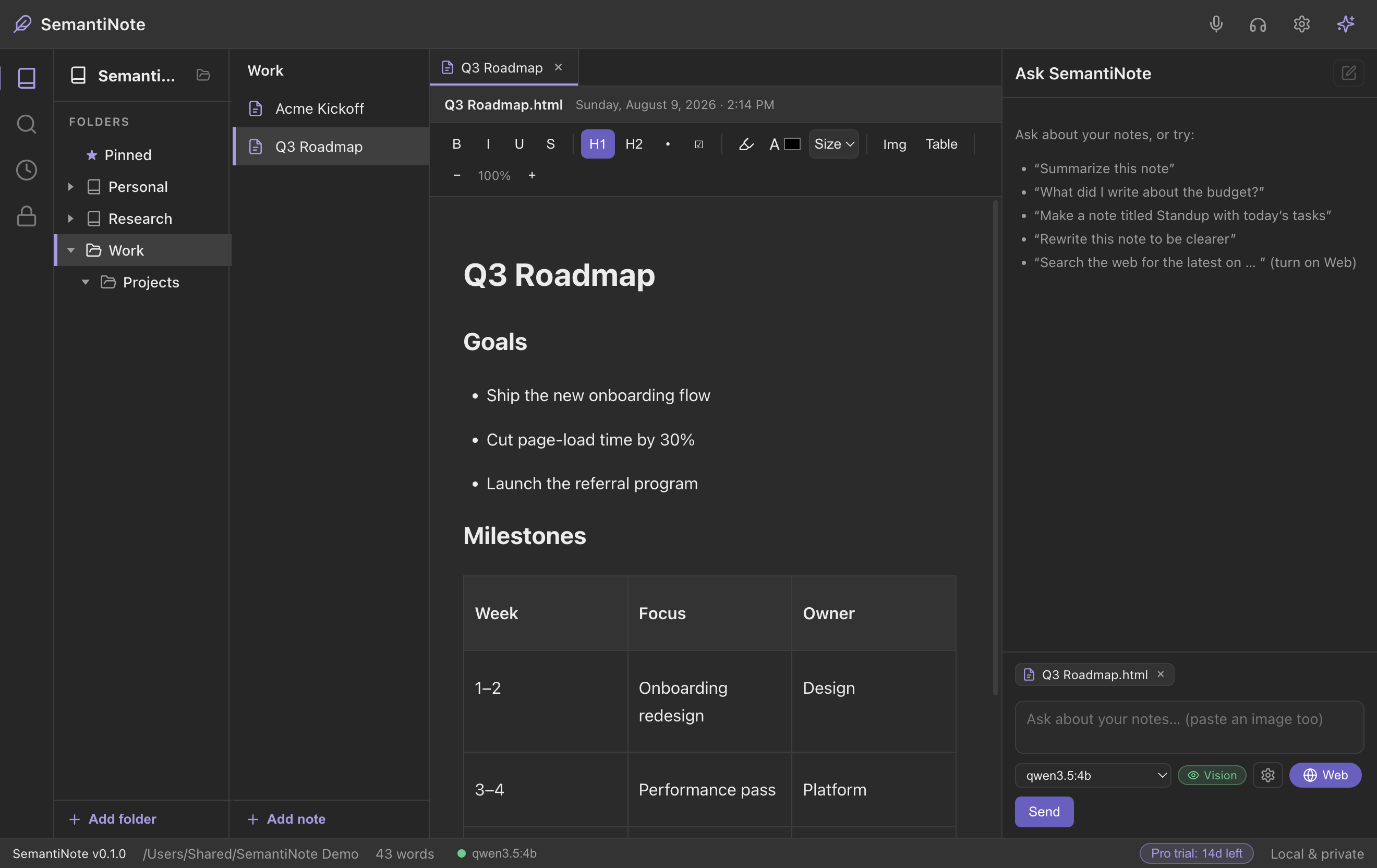 The SemantiNote app: notebook, editor and AI chat side by side