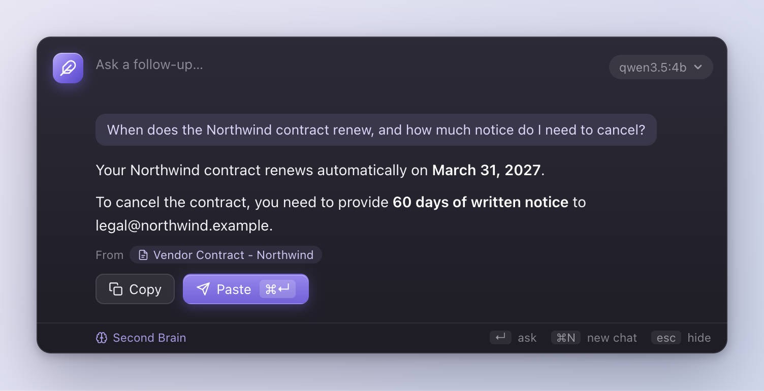 Quick Ask answering when a vendor contract renews, citing the contract note