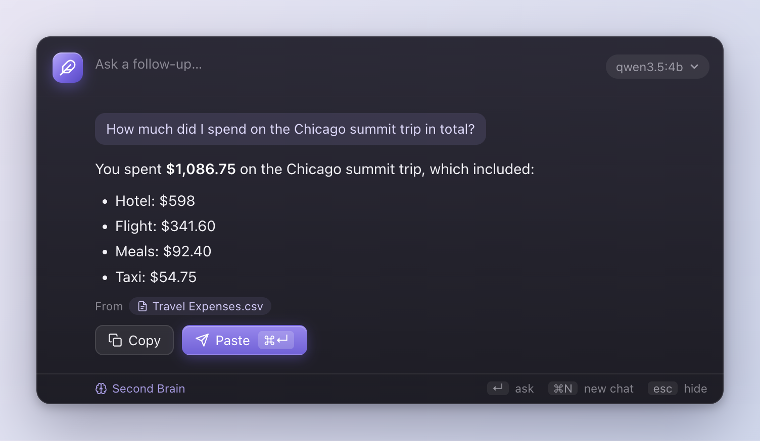 Quick Ask totalling travel costs from a spreadsheet, citing Travel Expenses.csv