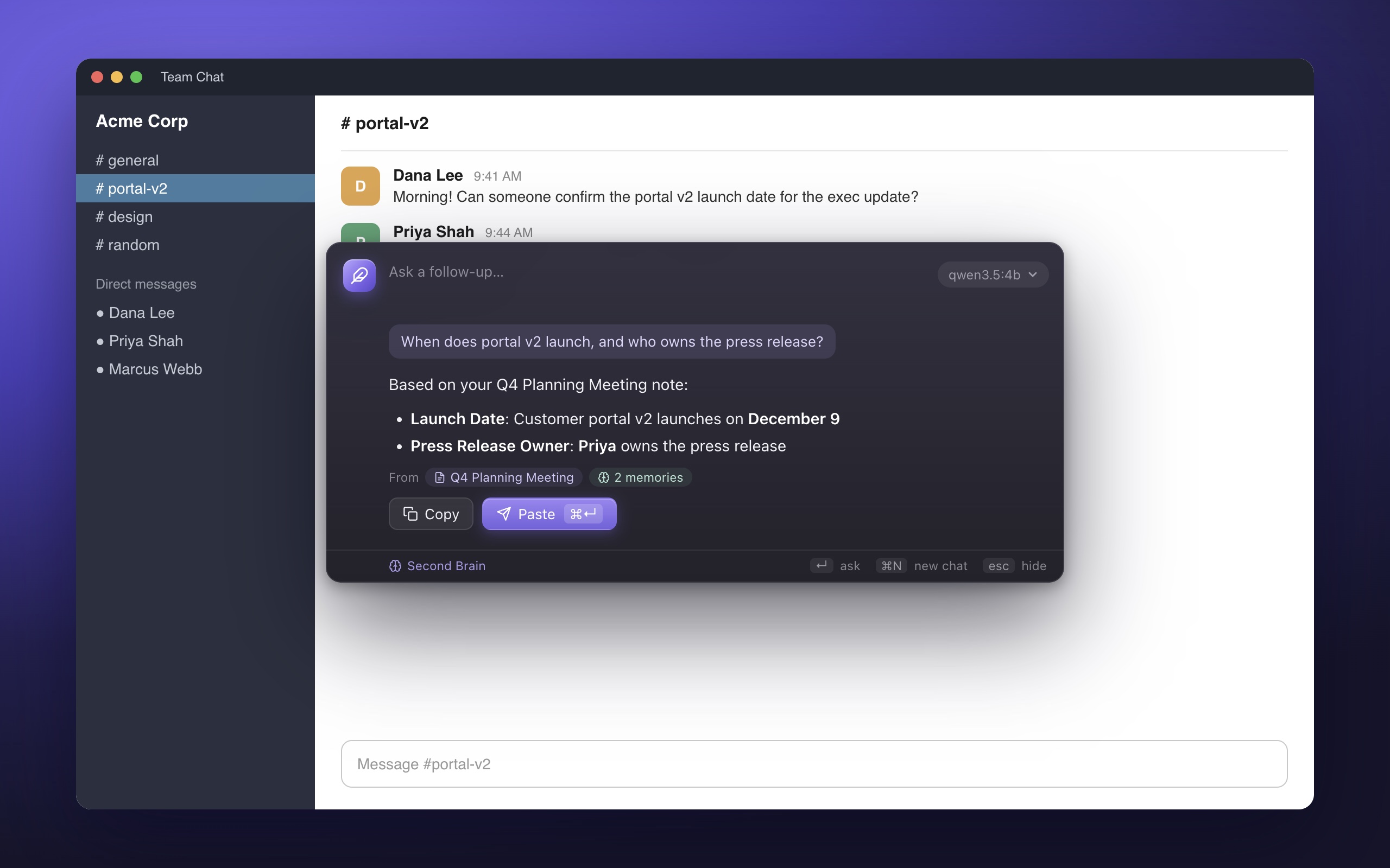 Quick Ask opened over a team chat app: it answers from a meeting note, then pastes the answer into the chat
