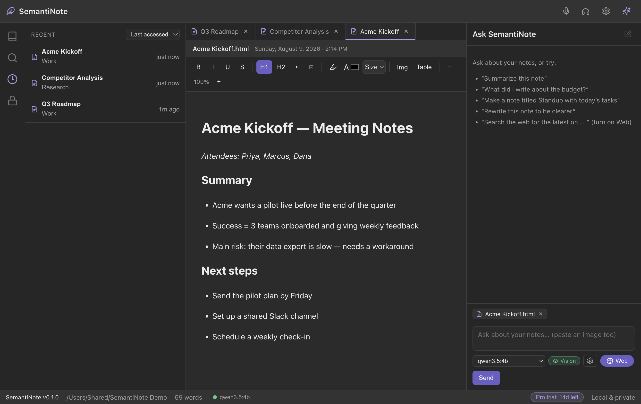 Recent notes with last accessed and last edited dates