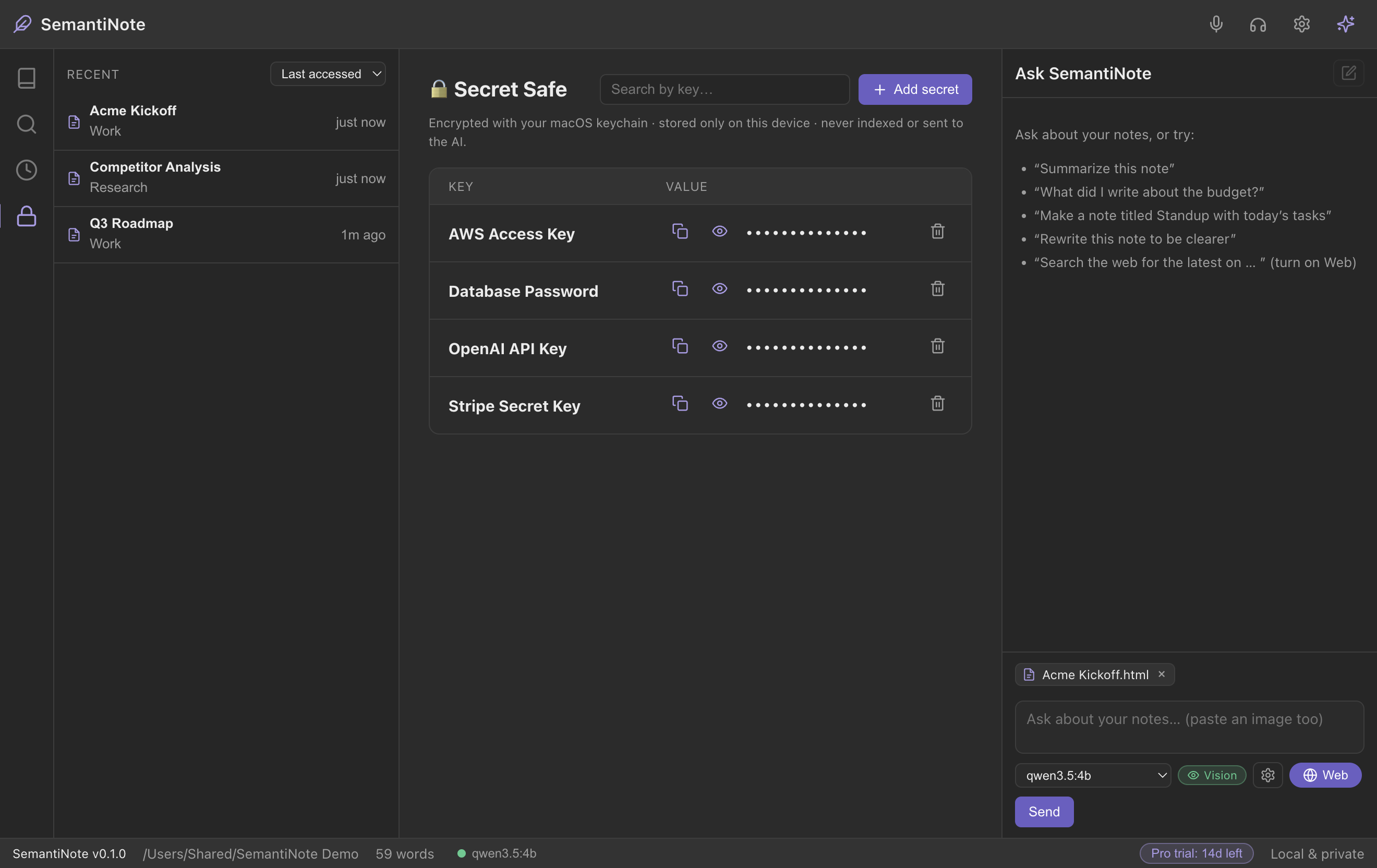 The encrypted Secret Safe in SemantiNote