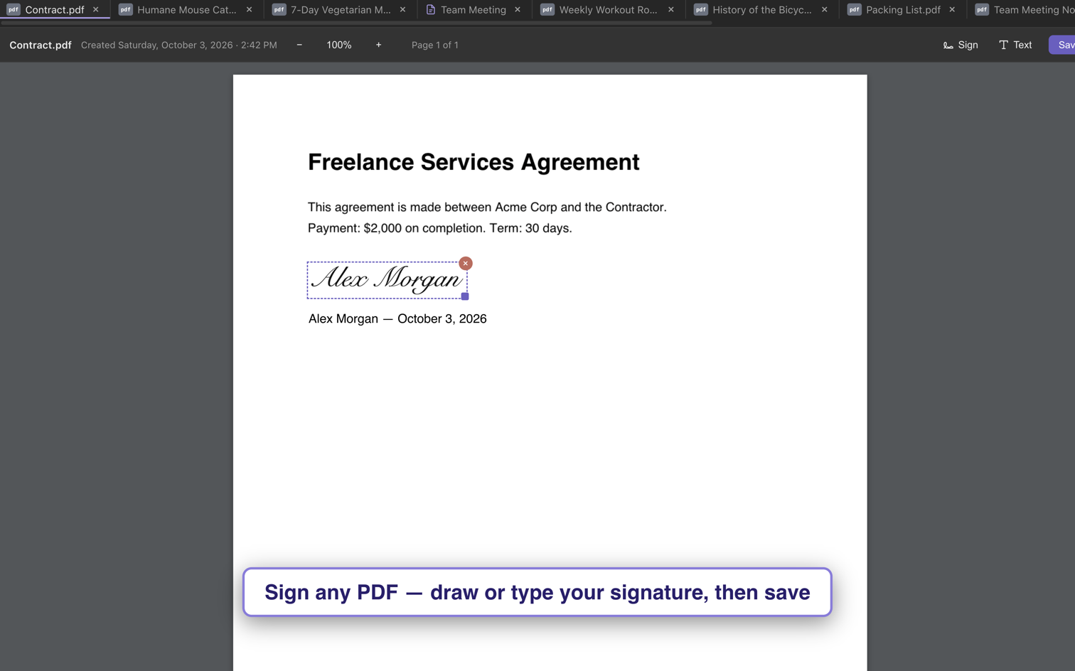 Signing a PDF contract in SemantiNote