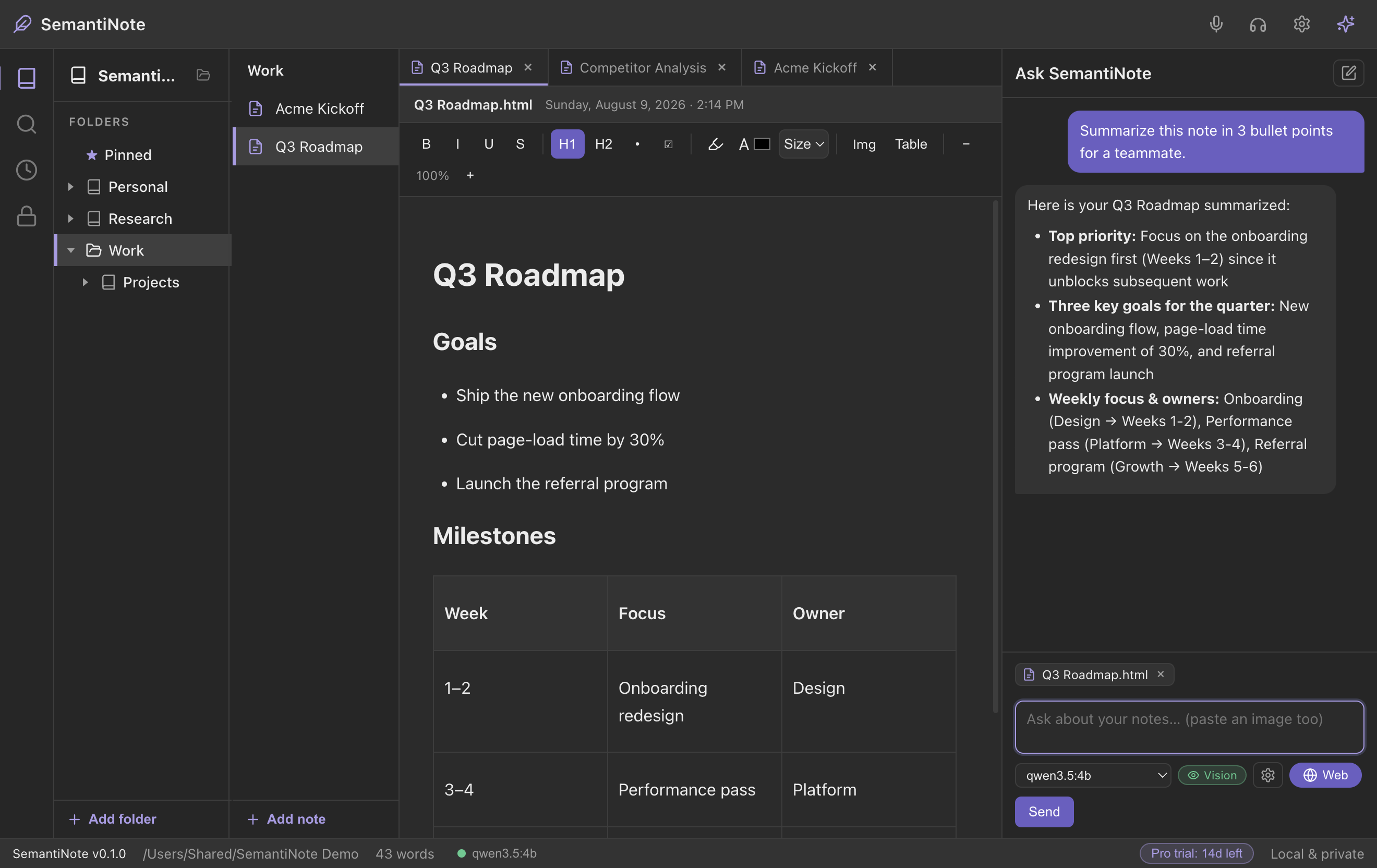 AI summary of a note in SemantiNote